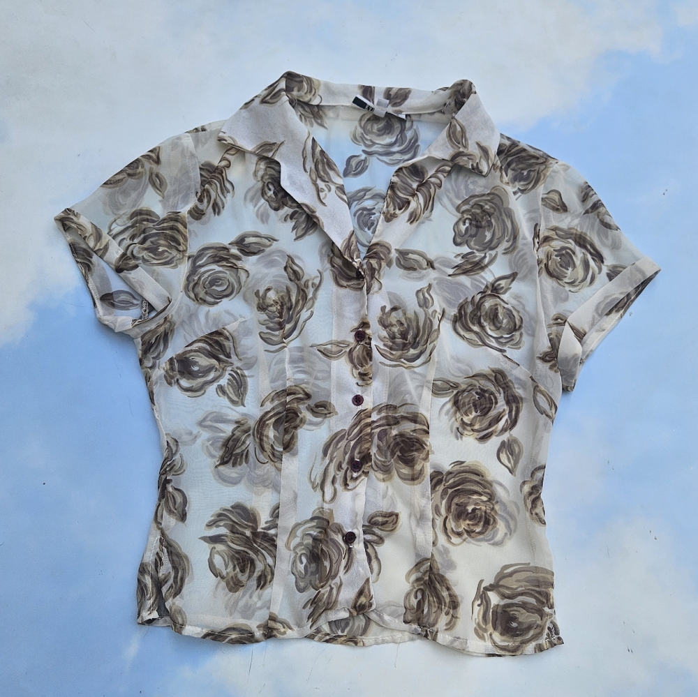 Vintage 90s Y2k Floral Top Chiffon Short Sleeve Top with Floral Print